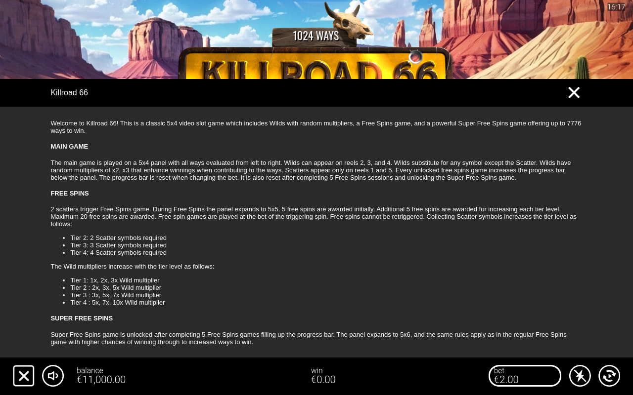 Killroad 66 information screen