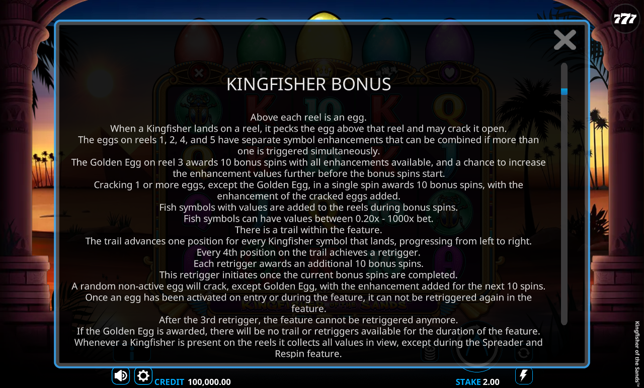 Kingfisher of the Sands information screen