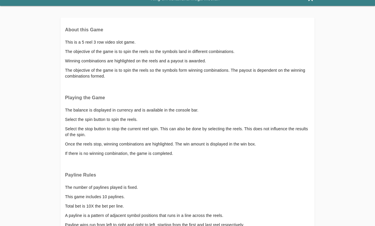 King of Alexandria Mega Moolah rules and payouts screen
