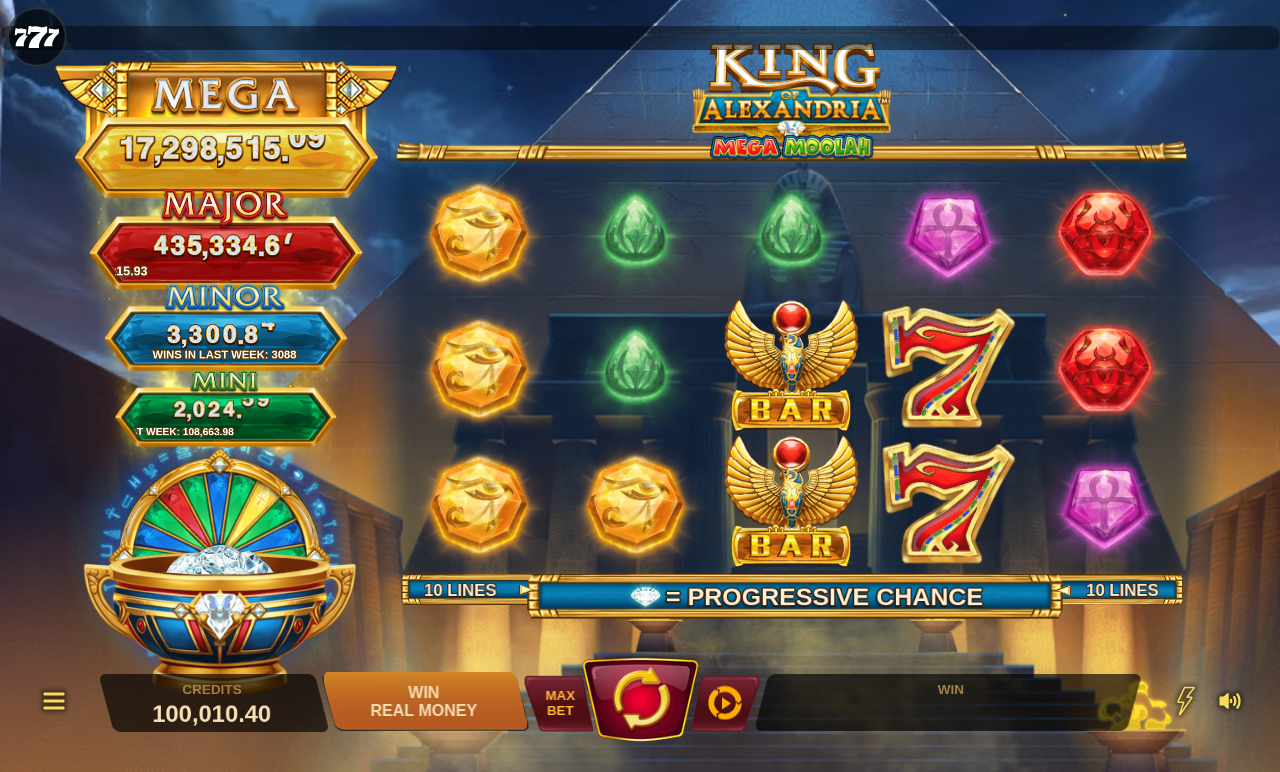 King of Alexandria Mega Moolah reels mid-spin