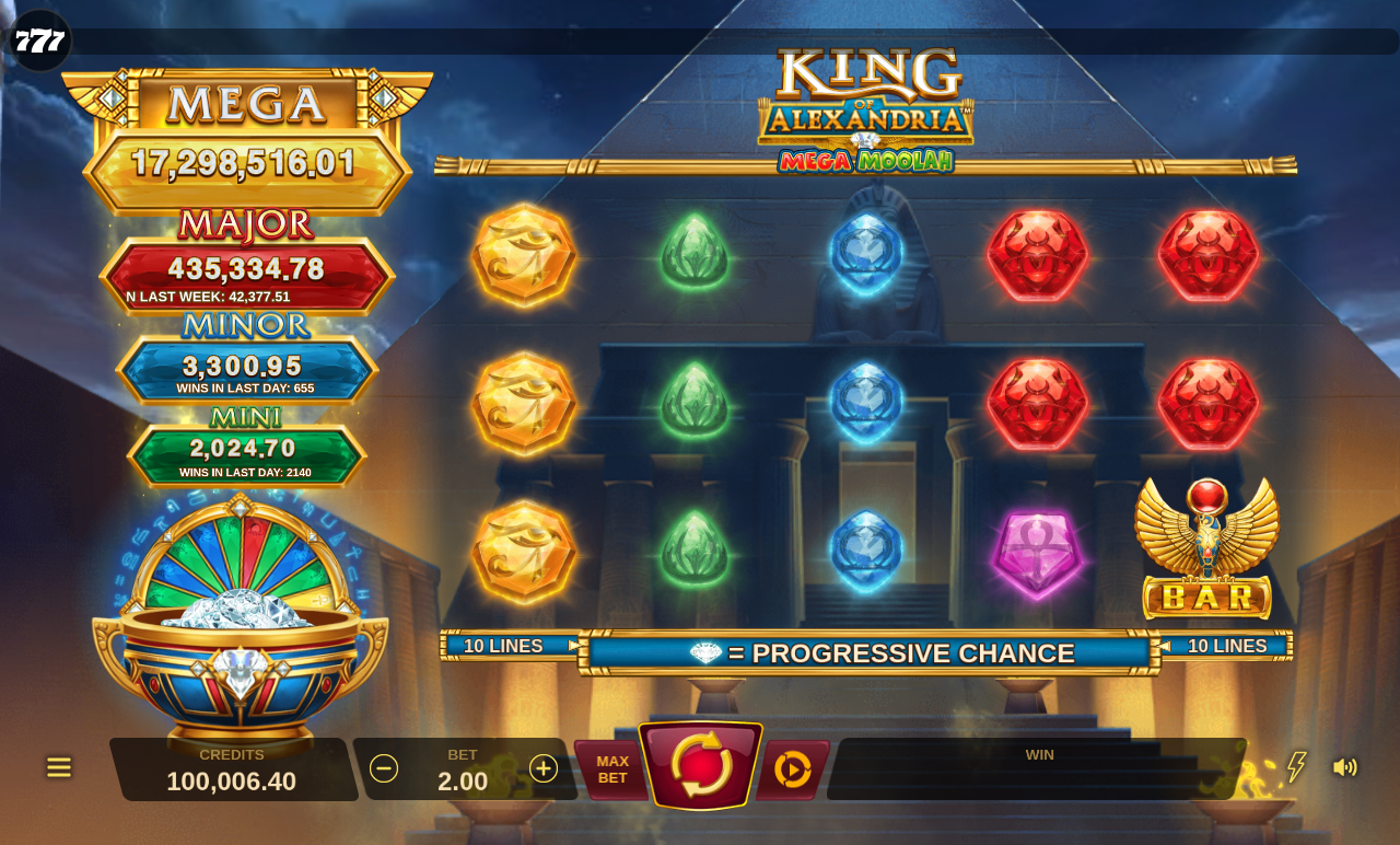 King of Alexandria Mega Moolah progressive jackpot play