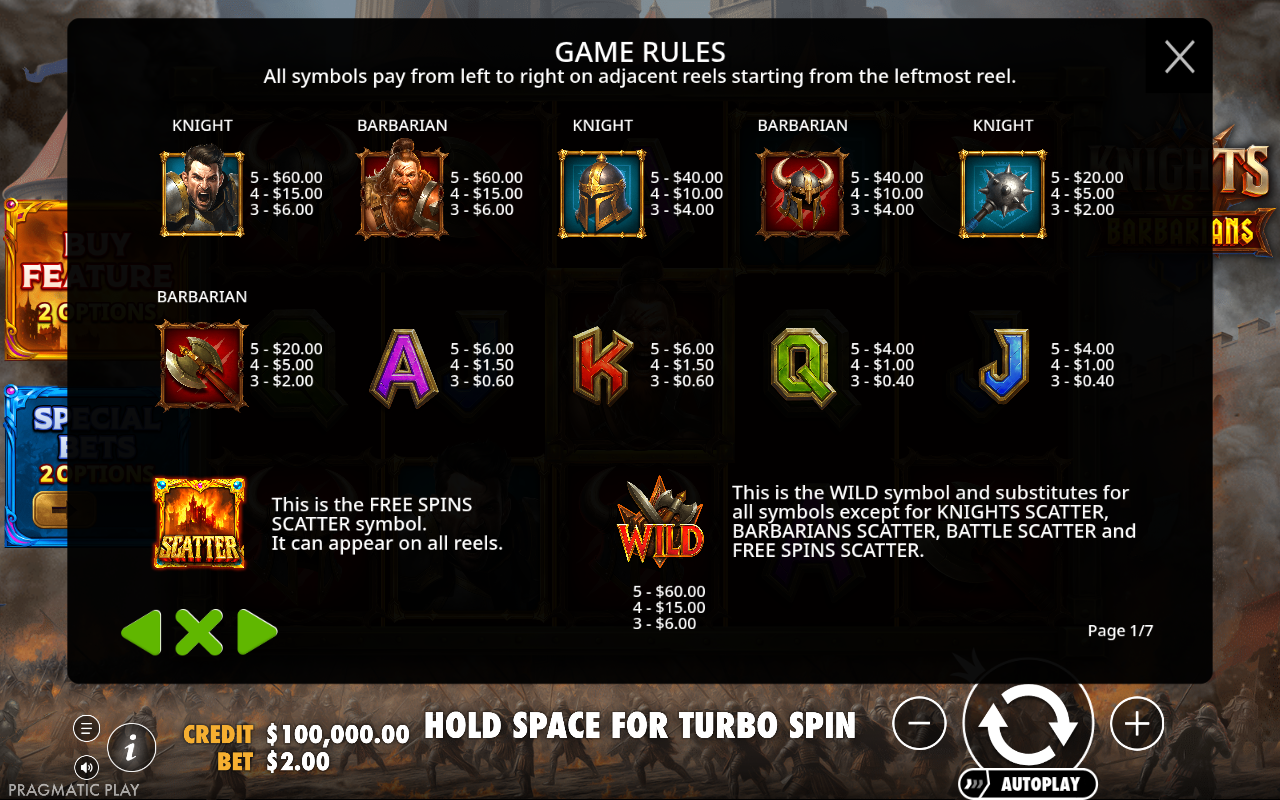 Knights vs Barbarians information screen