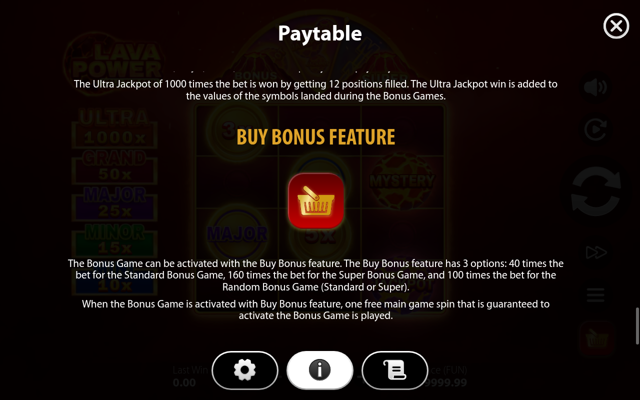 Lava Power: Hold the Spin Buy Bonus information screen