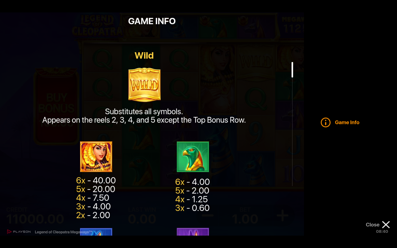 Legend of Cleopatra Megaways information screen