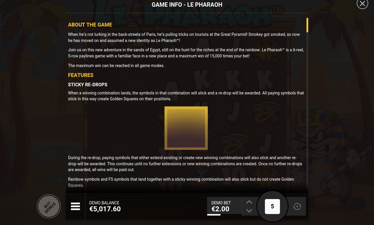Le Pharaoh information screen