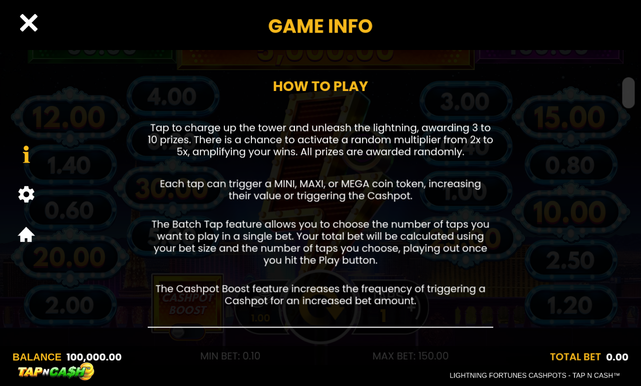 Lightning Fortunes Cashpots - Tap n Cash information screen