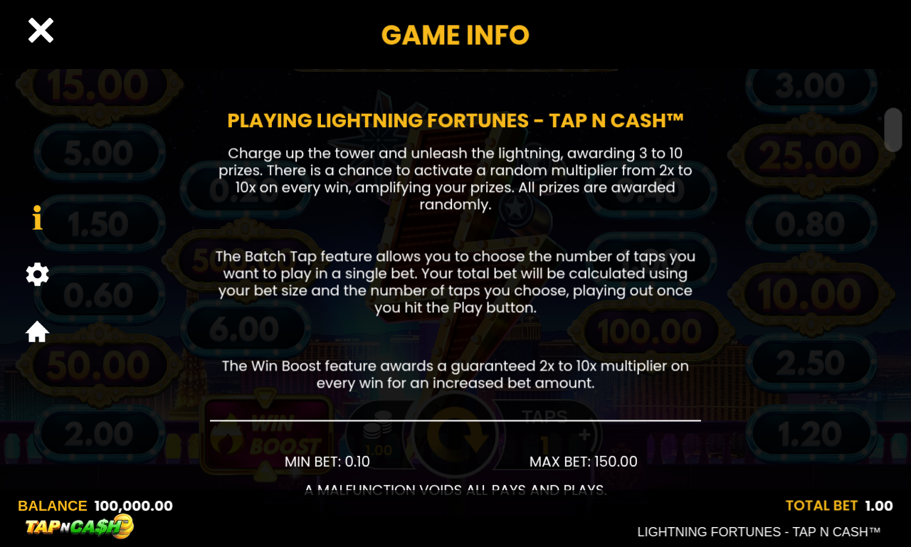 Lightning Fortunes - Tap n Cash information screen