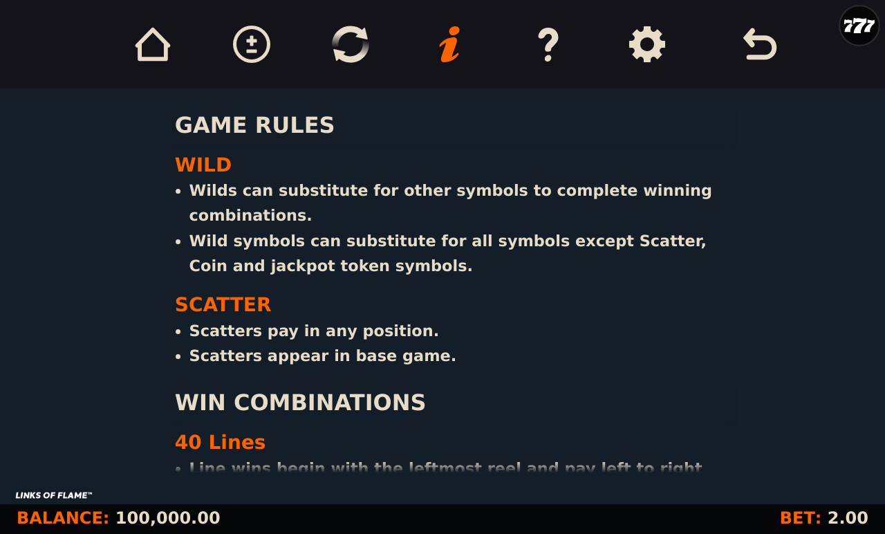 Links of Flame information screen