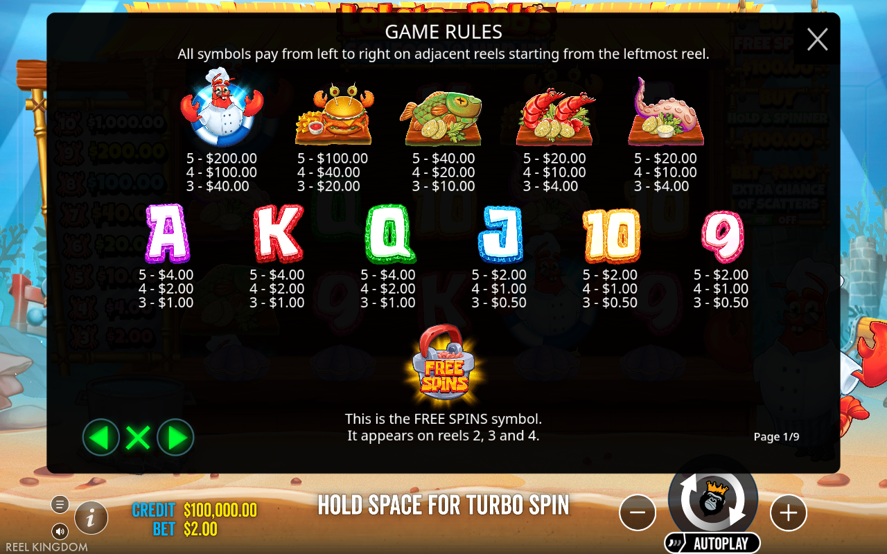 Lobster Bob's Sea Food and Win It information screen