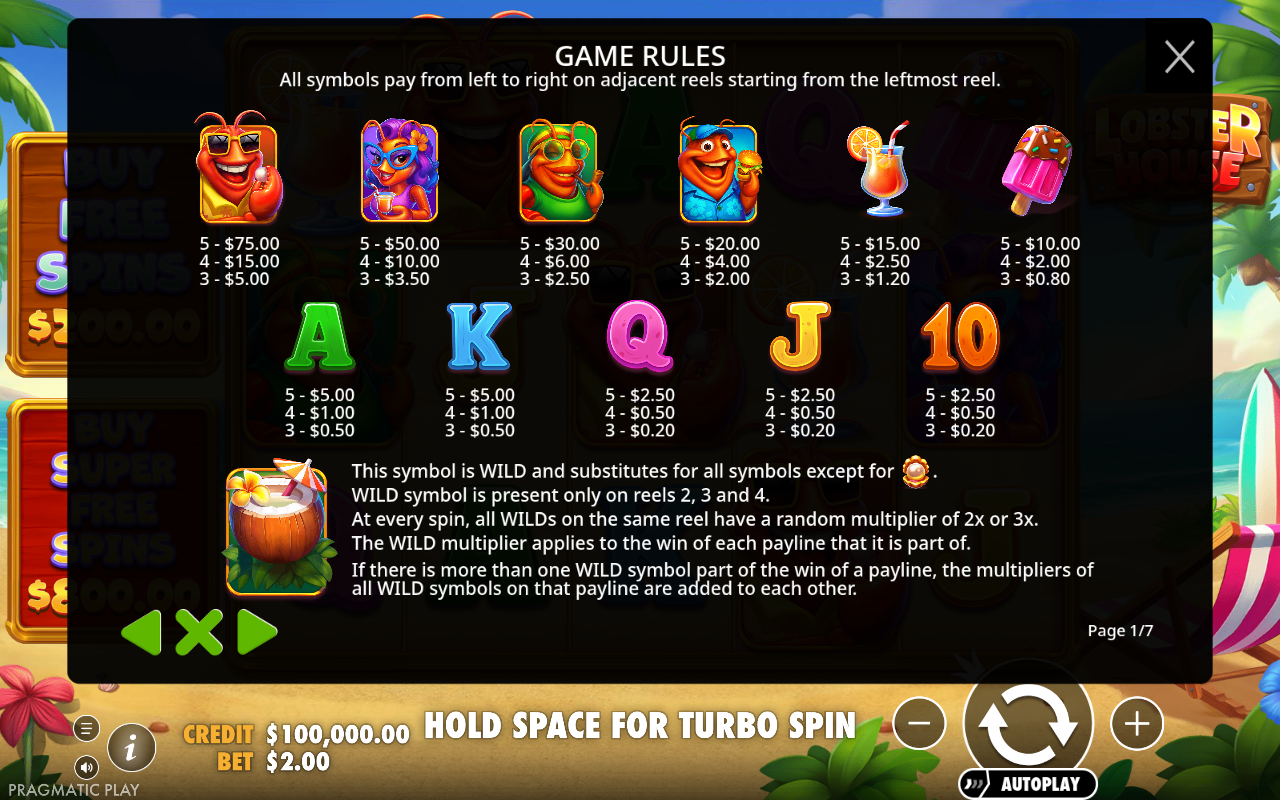 Lobster House paylines and wild multiplier information screen