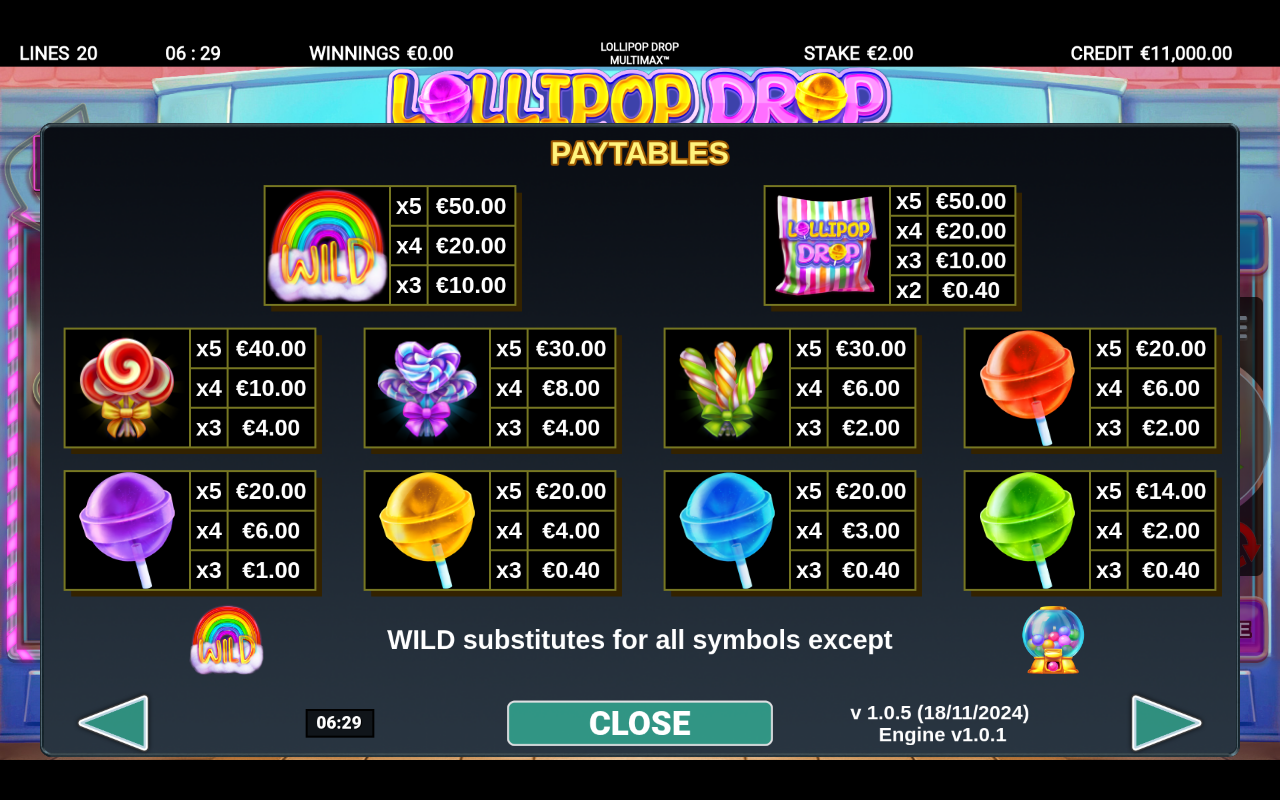 Lollipop Drop MultiMax information screen
