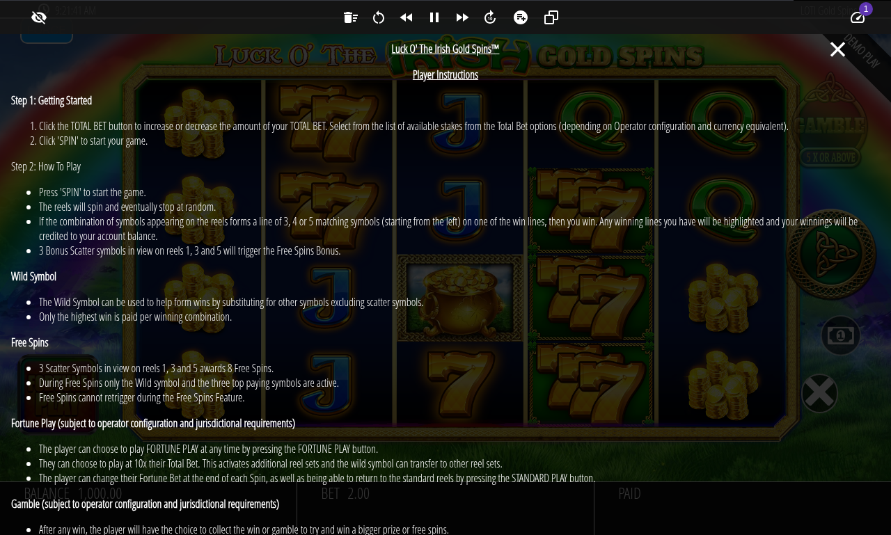 Luck O The Irish Big Bonus information screen