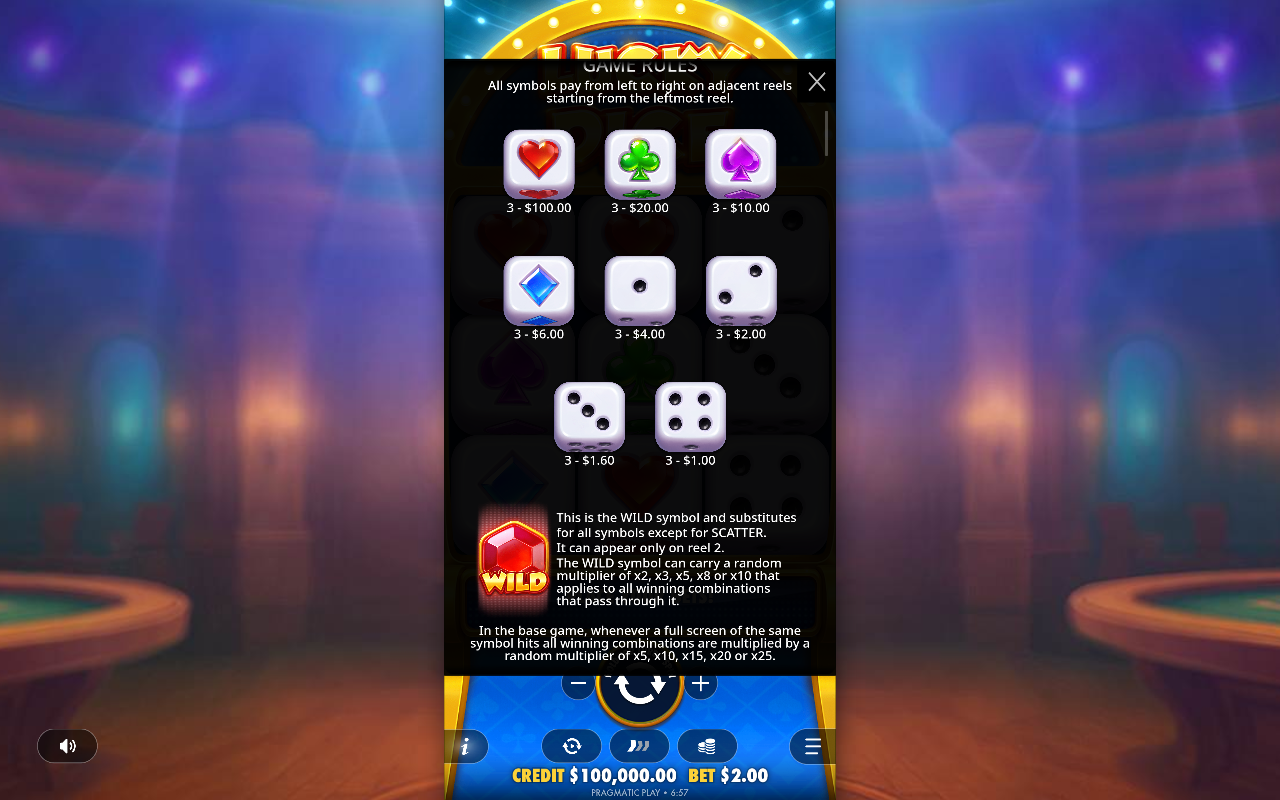 Lucky Dice information screen