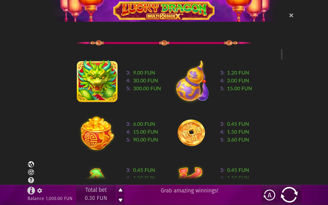 Lucky Dragon Multidice X information screen
