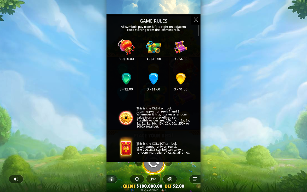 Lucky Fortune Tree CASH and COLLECT symbol rules