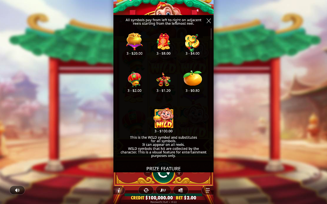 Lucky Monkey paytable and rules screen