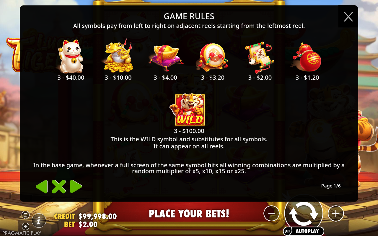 Lucky Tiger information screen