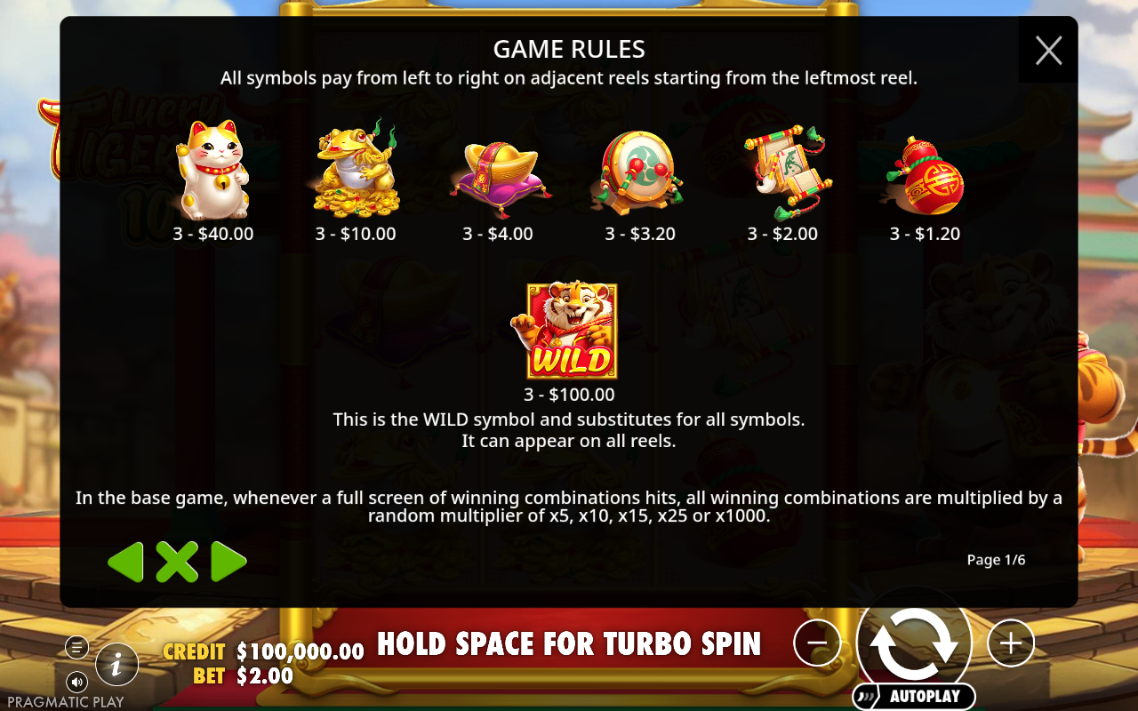Lucky Tiger 1000 information screen showing wild and full screen multiplier rules