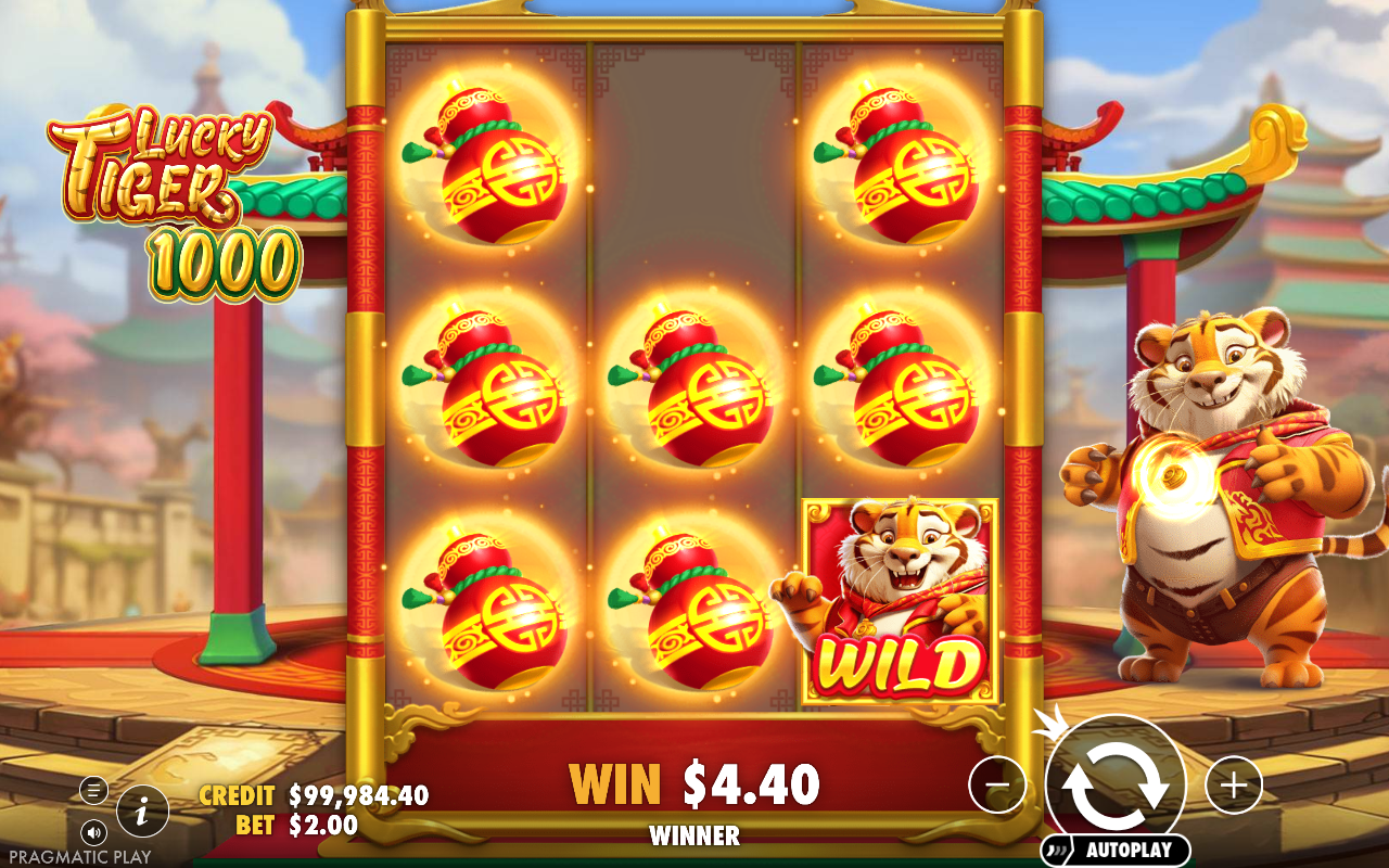 Lucky Tiger 1000 respin feature filling the screen with Red Pouch symbols