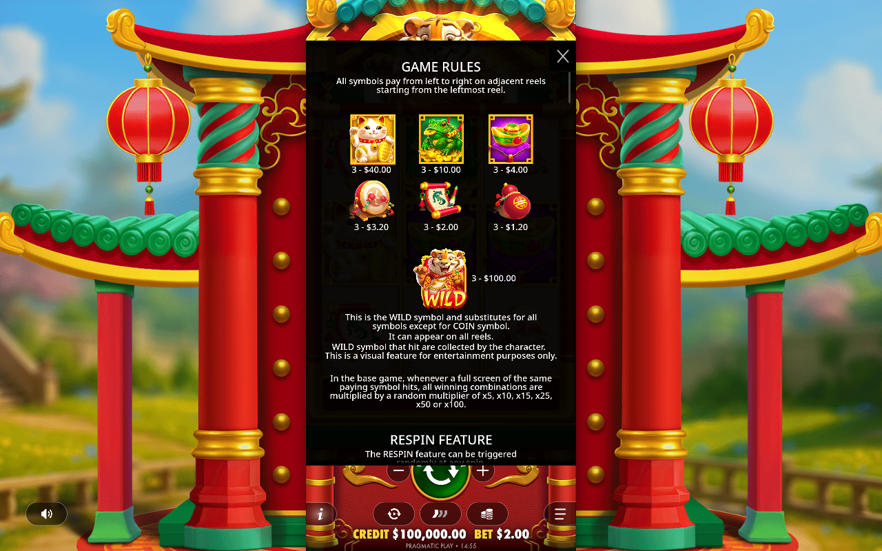 Lucky Tiger Gold information screen