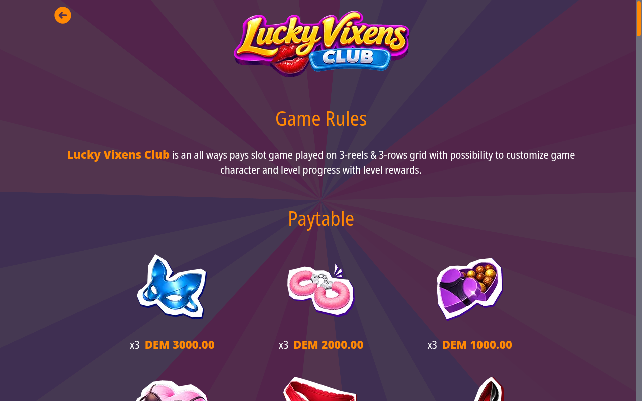 Lucky Vixens Club information screen
