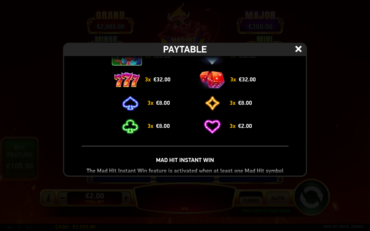 Mad Hit Devil information screen
