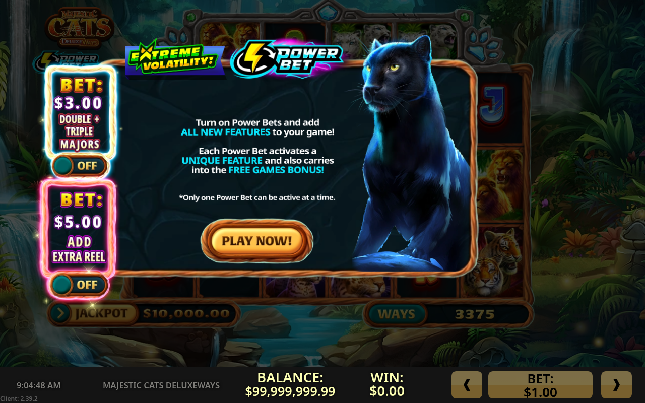 Majestic Cats DeluxeWays Power Bet information screen