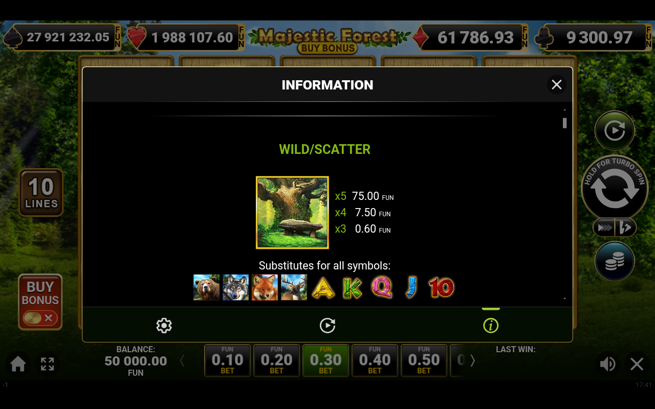 Majestic Forest Buy Bonus information screen