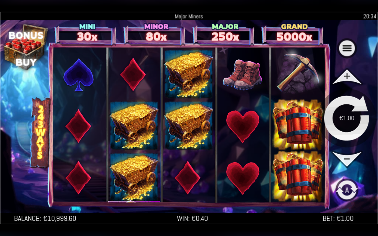 Major Miners gameplay with jackpot ladder on display