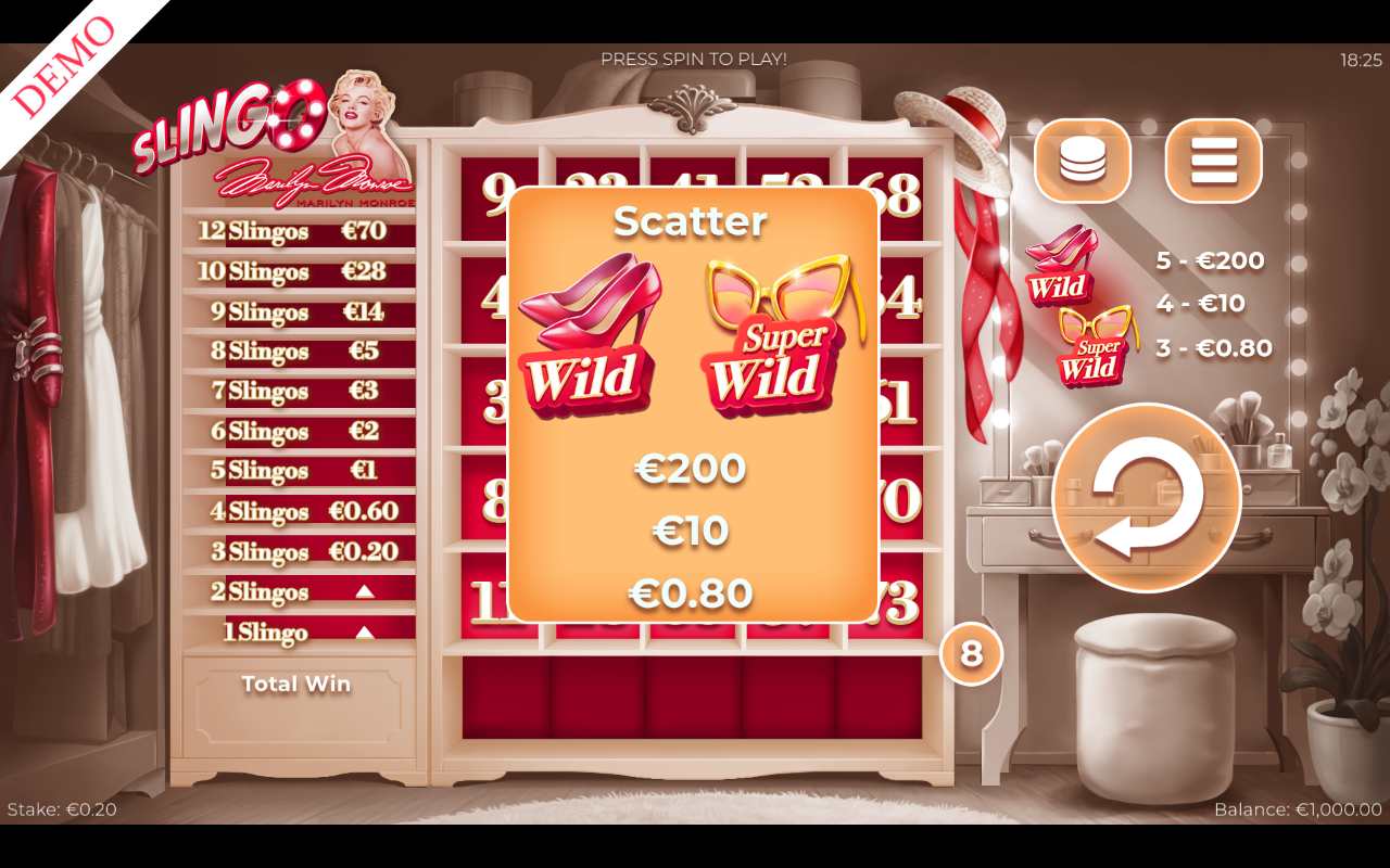 Marilyn Monroe Slingo information screen
