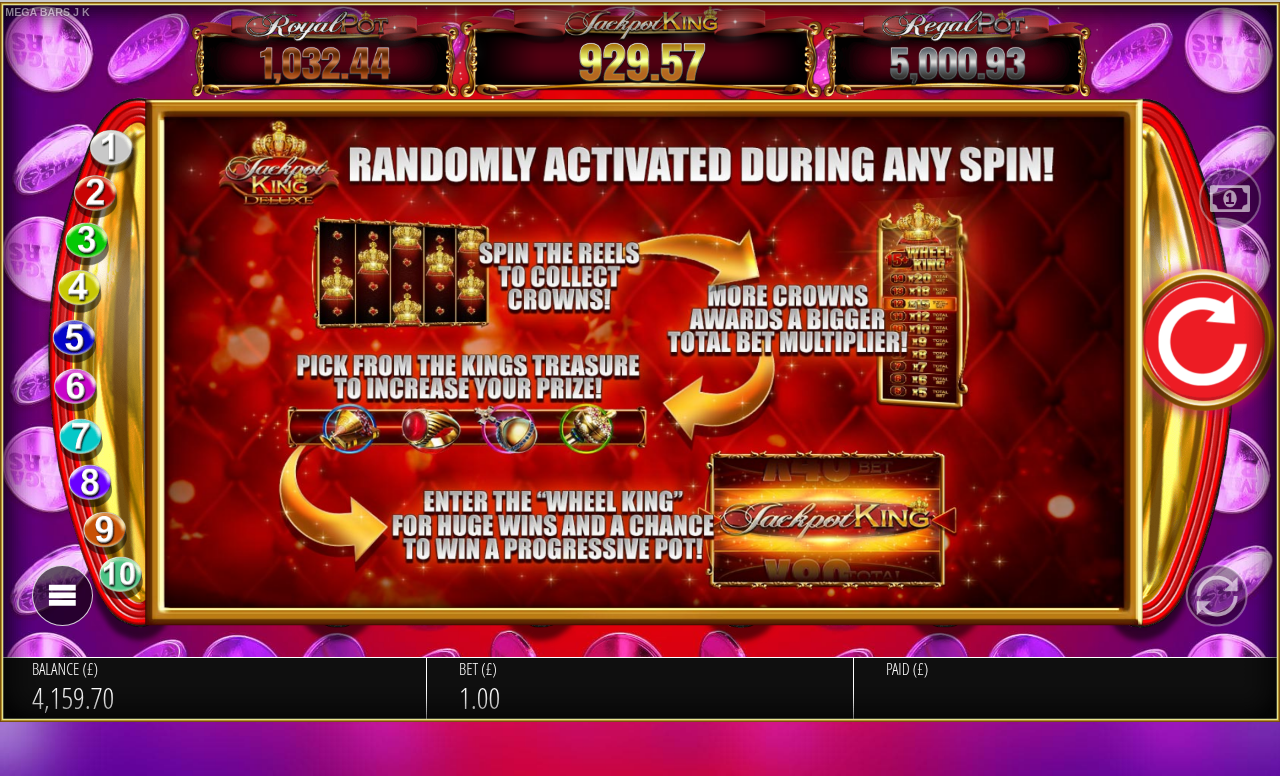 Megabars Jackpot King information screen