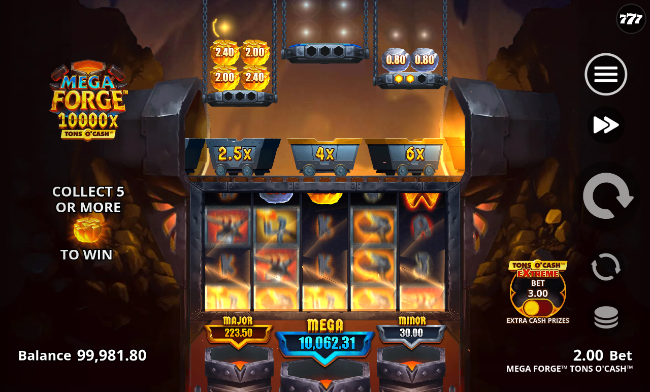 Mega Forge Tons O'Cash bonus round with locked cash prizes