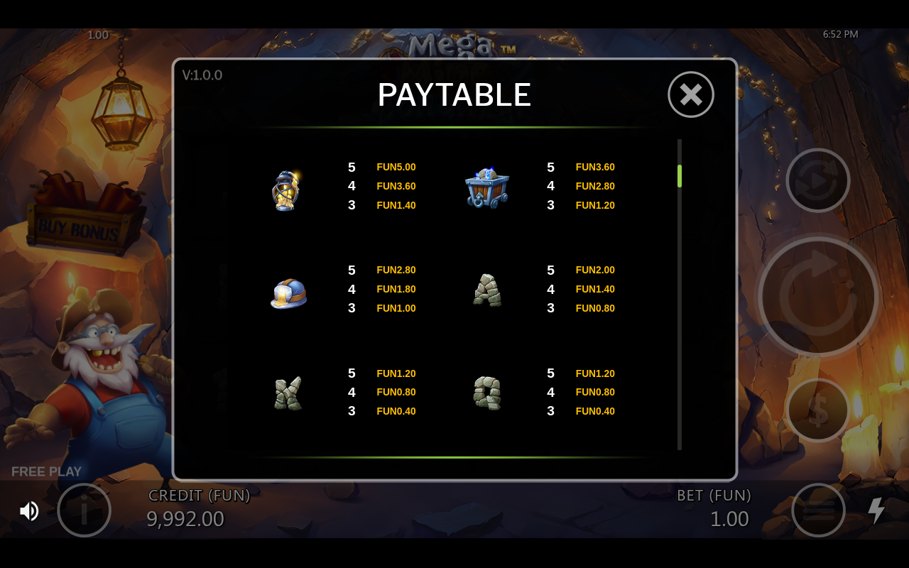 Mega Mine Bonanza information screen