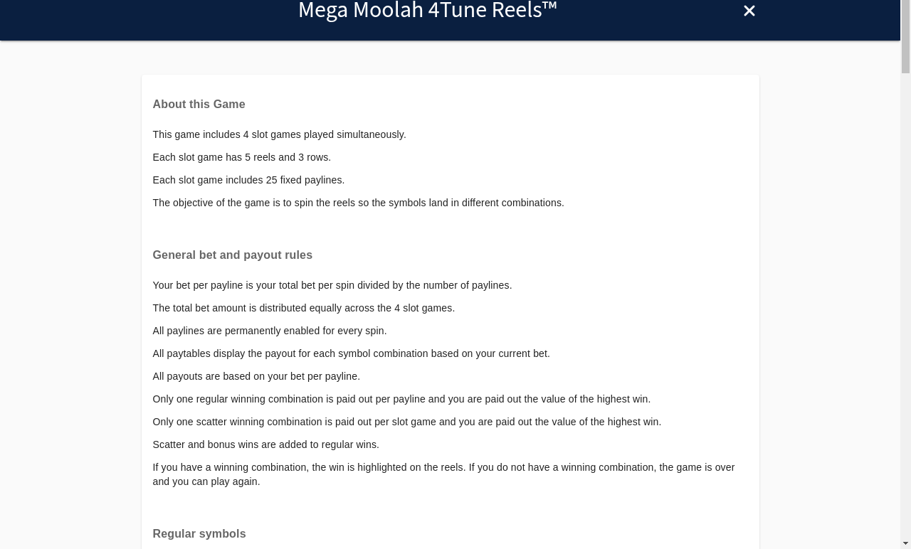 Mega Moolah 4Tune Reels information screen