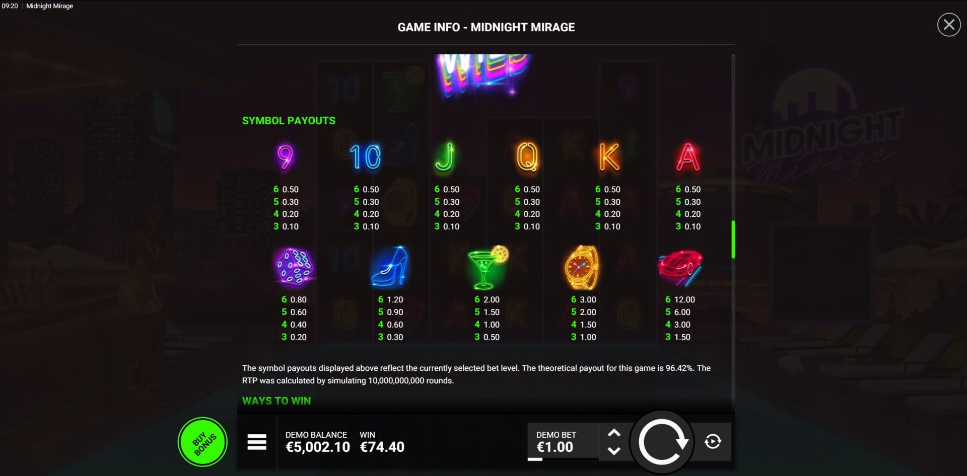 Midnight Mirage Paytable