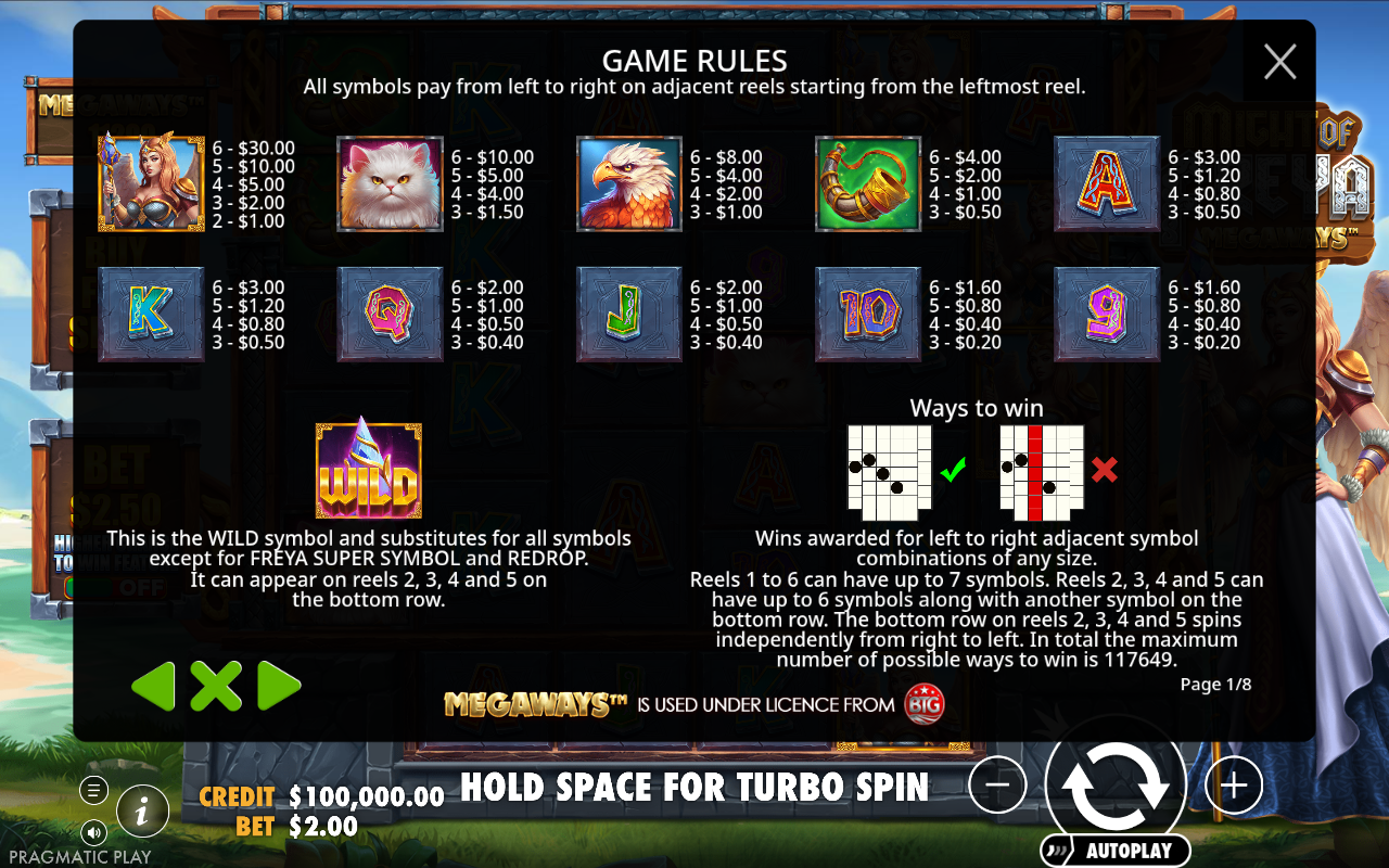 Might of Freya Megaways information screen showing wild and symbol rules