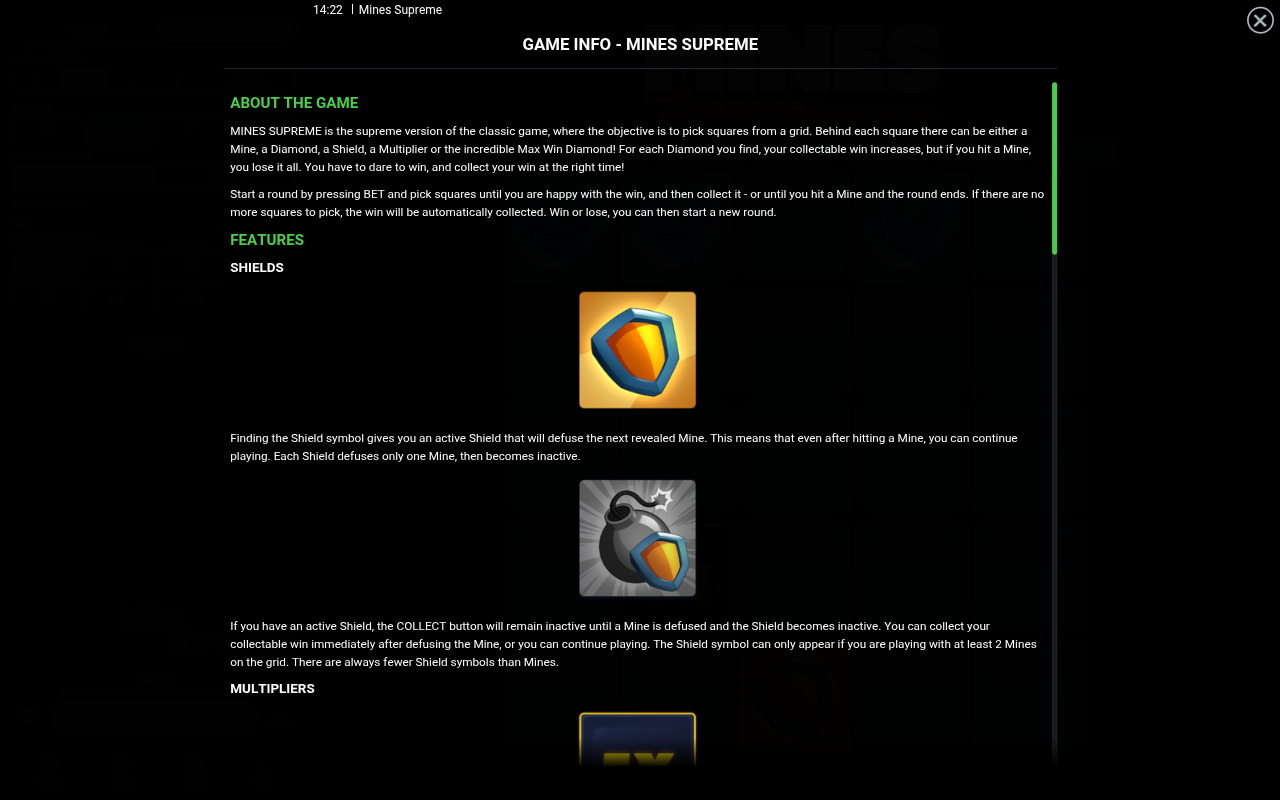 Mines Supreme information screen
