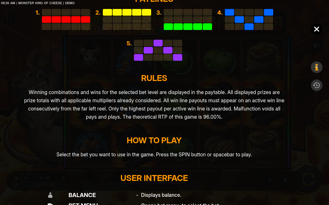 Monster King of Cheese information screen