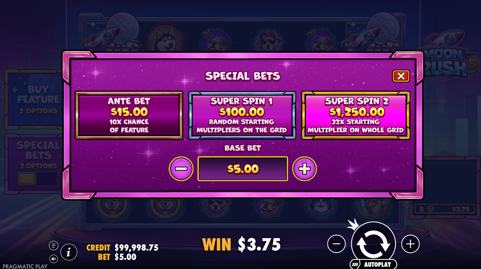 Moon Rush special bets menu
