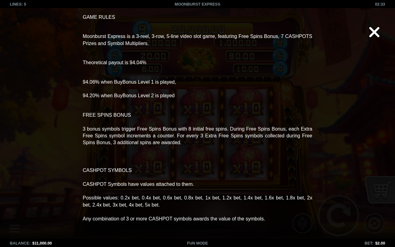 Moonburst Express information screen