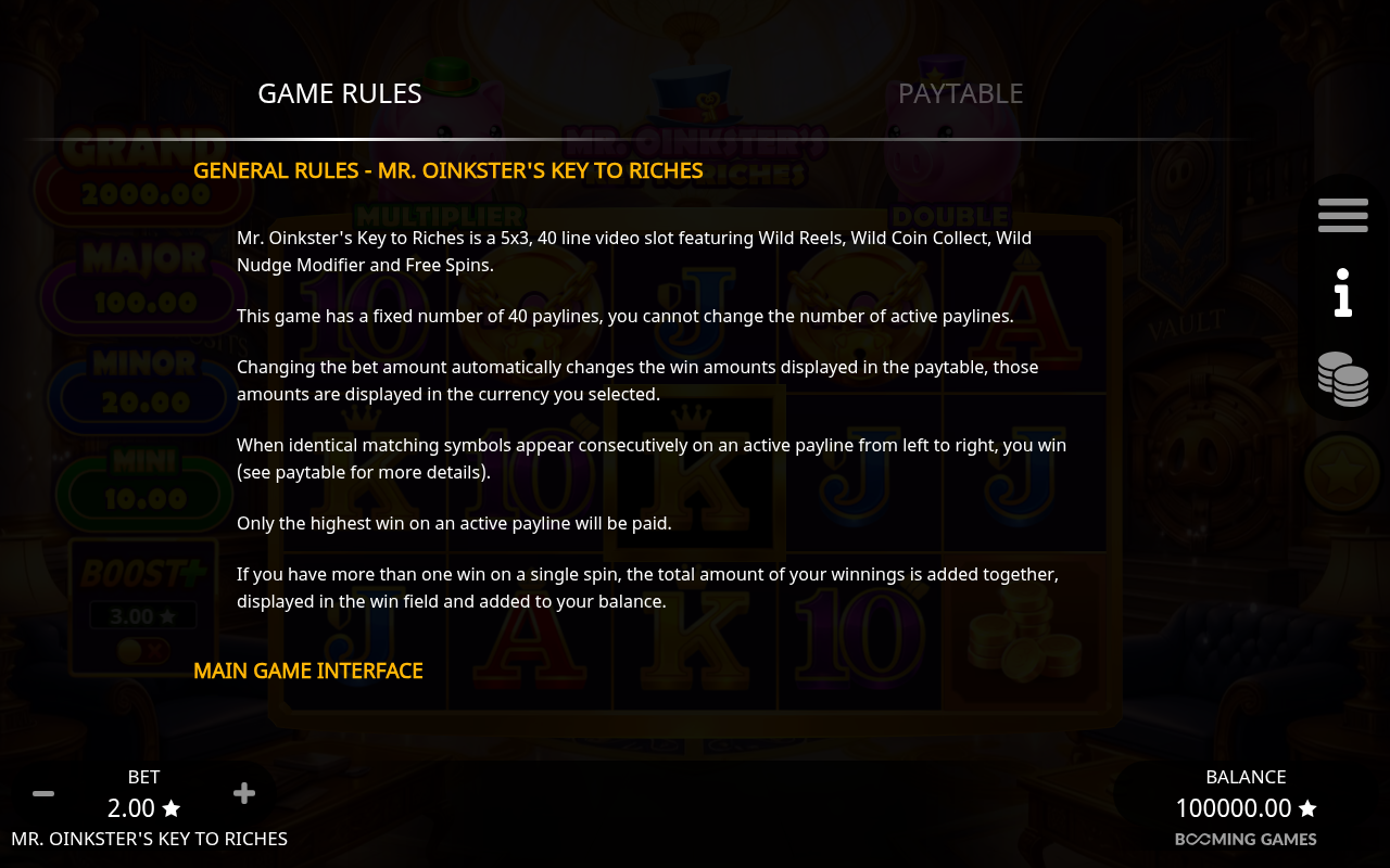 Mr. Oinkster's Key To Riches information screen