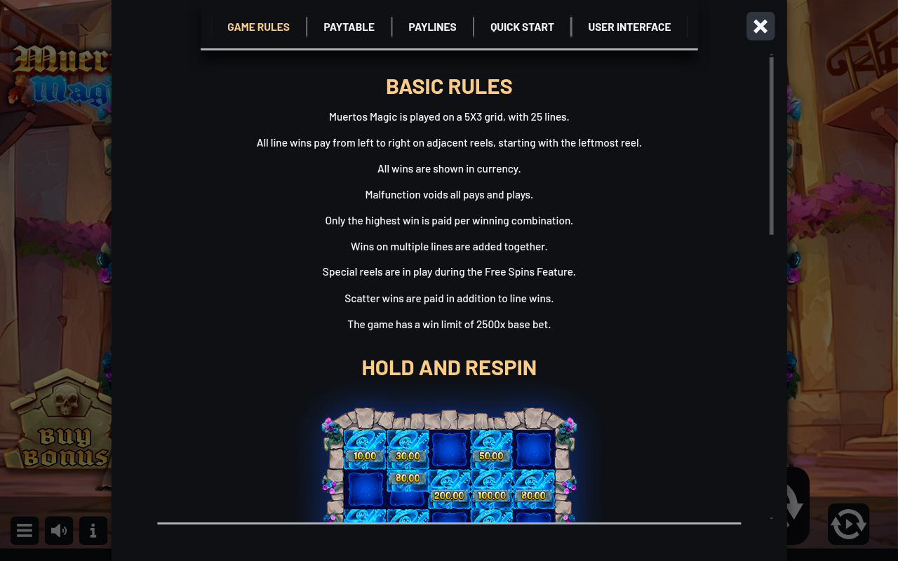 Muertos Magic wild symbol paytable