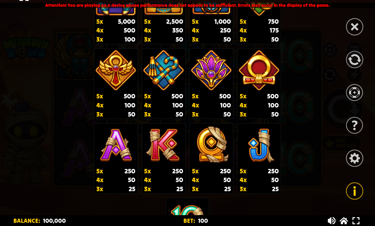 Mummy Bomb information screen