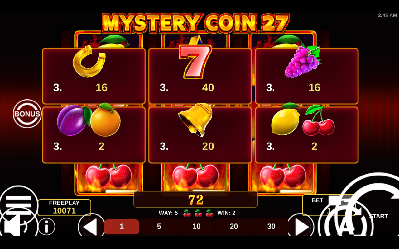 Mystery Coin 27 information screen
