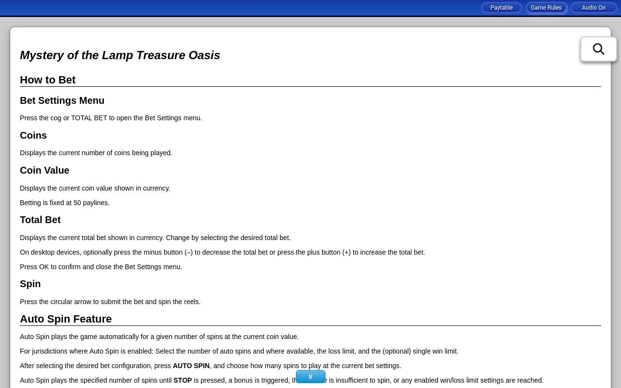 Mystery of the Lamp Treasure Oasis rules screen