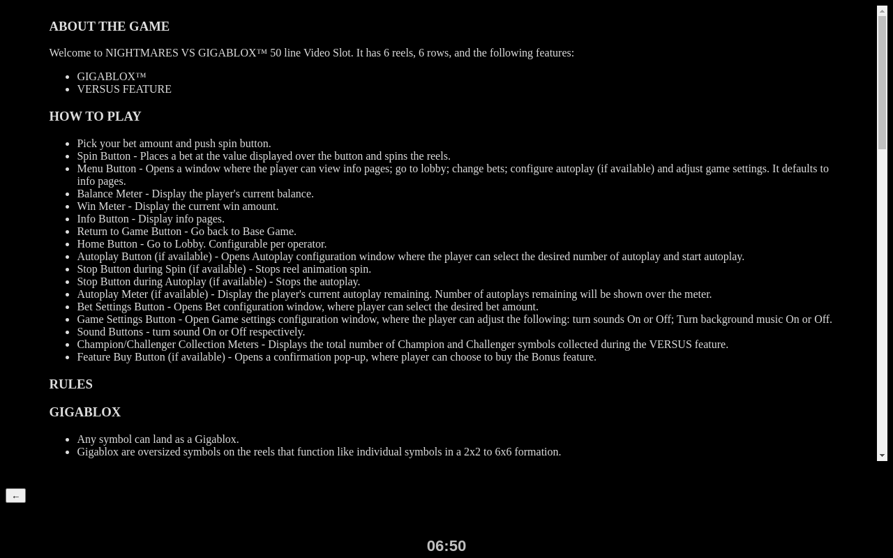Nightmares VS GigaBlox information screen