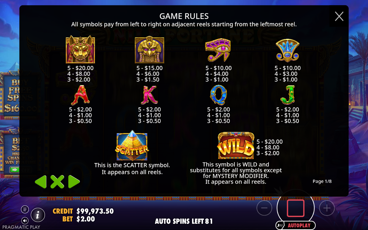Nile Fortune information screen