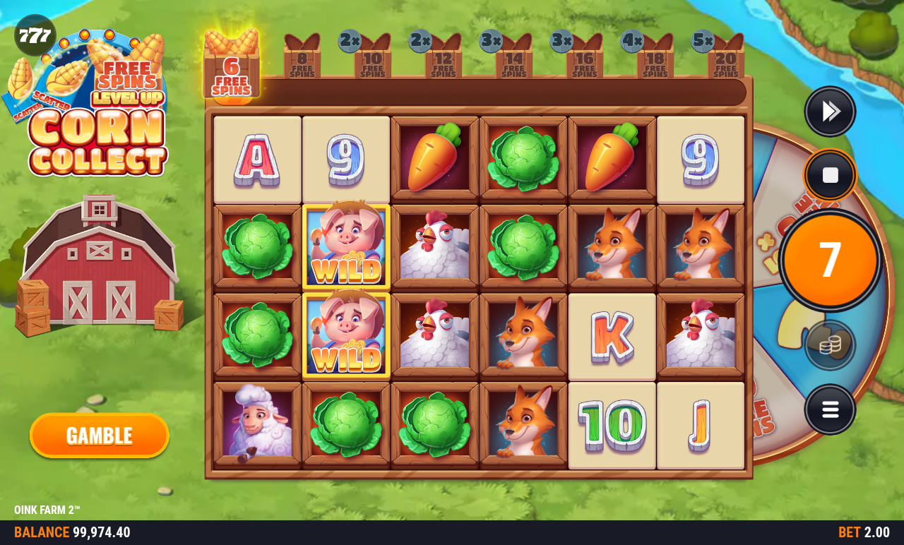 Oink Farm 2 corn collect level up with free spins counter and multiplier ladder