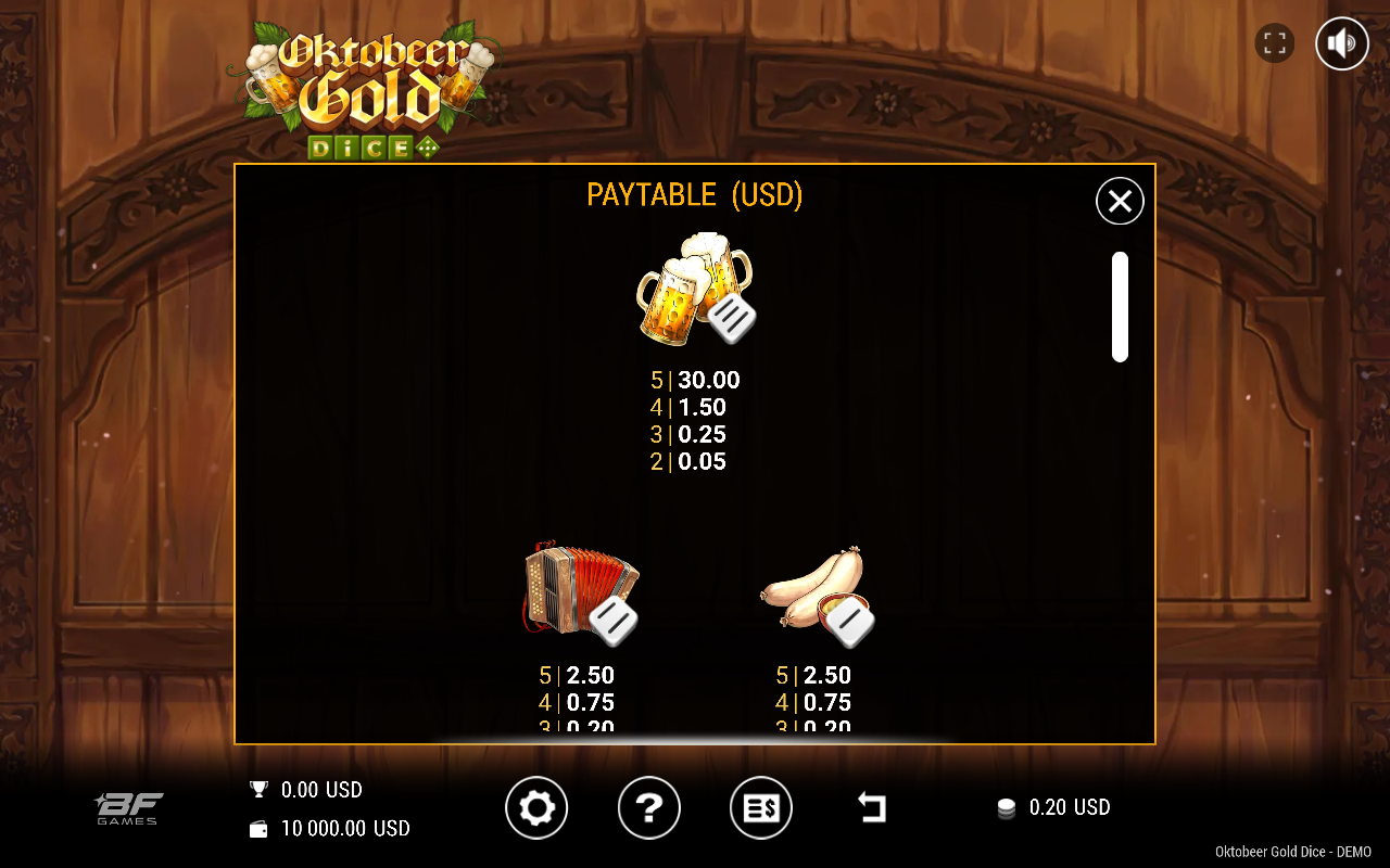 Oktobeer Gold Dice symbol pays information screen