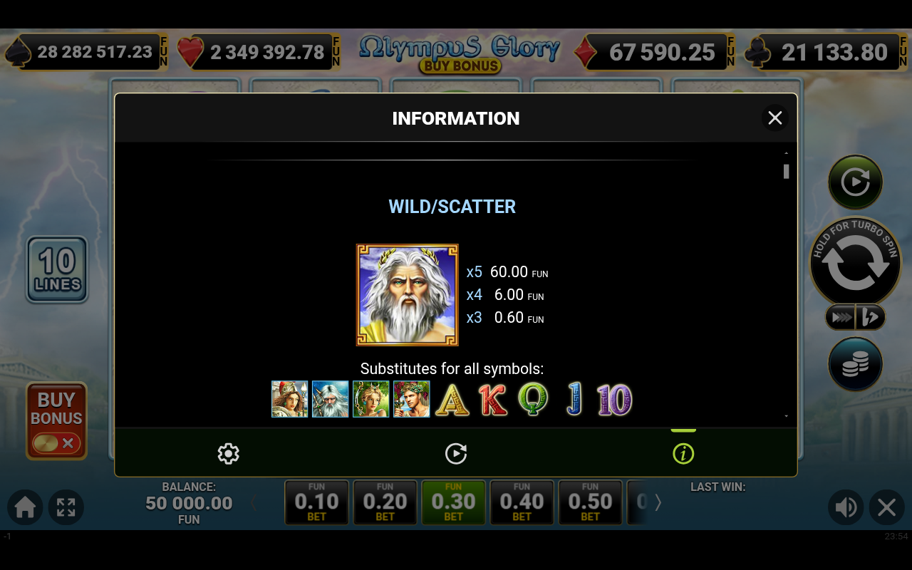 Olympus Glory Buy Bonus information screen